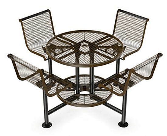 Bar height picnic table with elevated seating and perforated metal design for social outdoor dining environments